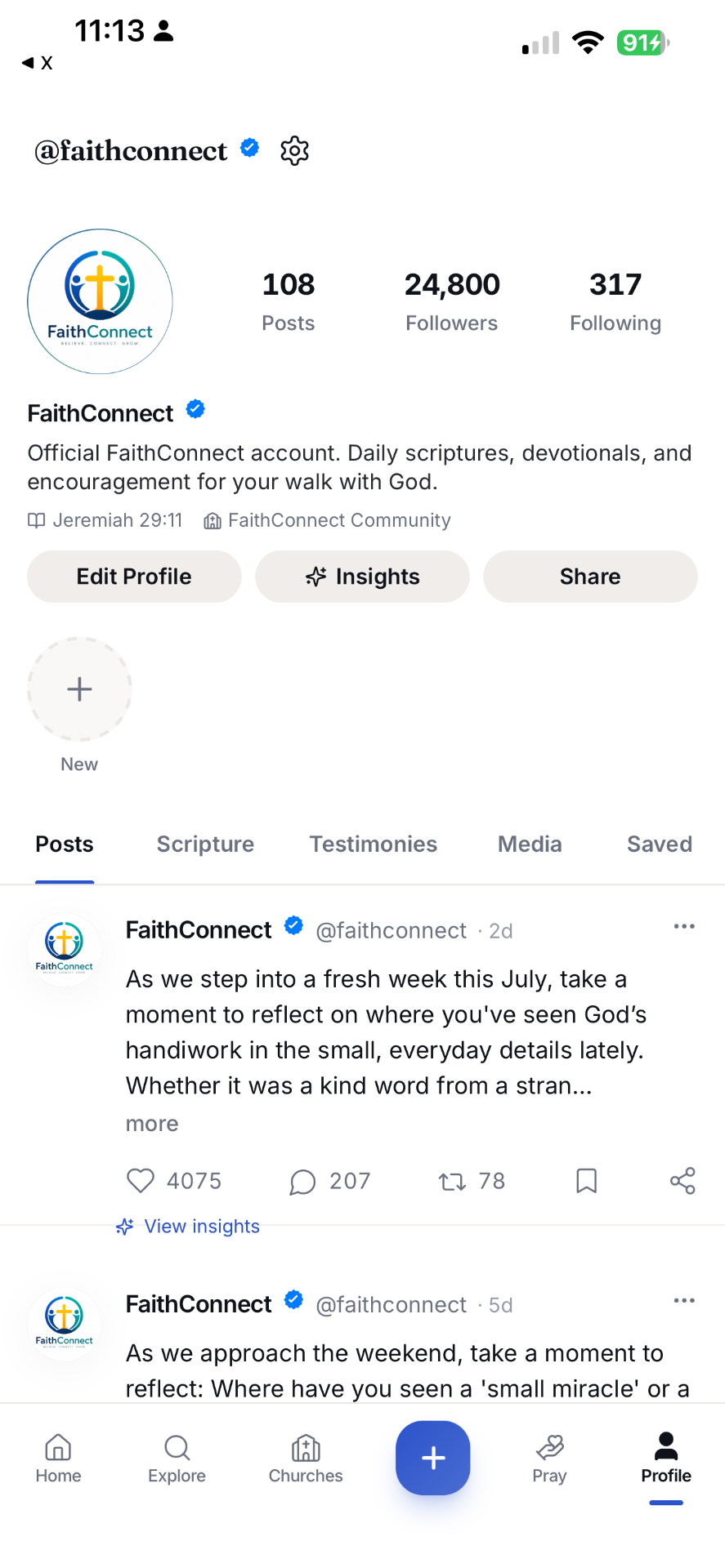JoinFaithConnect iPhone app feed preview